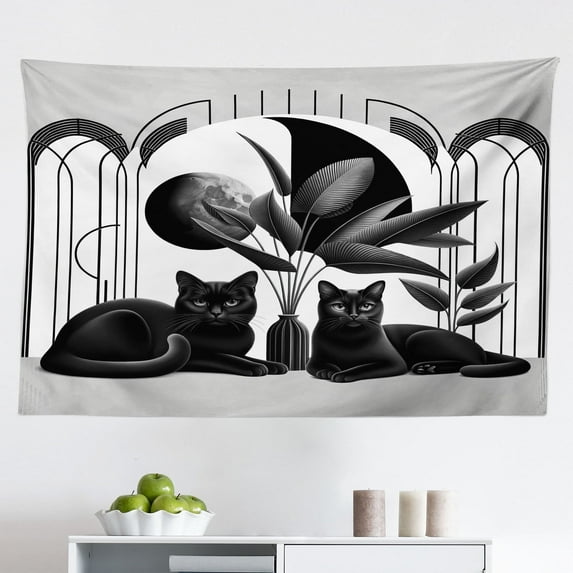 Ambesonne Cat Wall Hanging Tapestry, Mid Century Modern Boho Kitties, 45"x30", Pale Grey Charcoal Grey