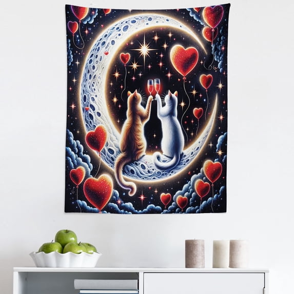 Ambesonne Cat Wall Hanging Tapestry, Toasting Kitty Couple Moon Star, 23"x28", Indigo and Scarlet