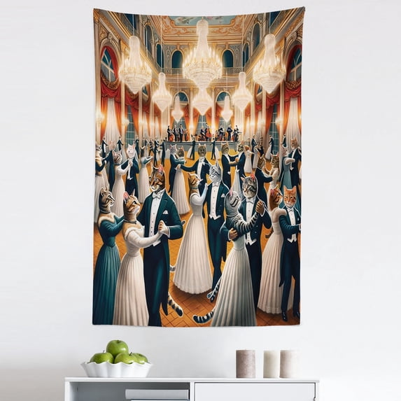 Ambesonne Cat Wall Hanging Tapestry, Waltz Dancing Kitty Couples, 30"x45", Petrol Blue and Orange