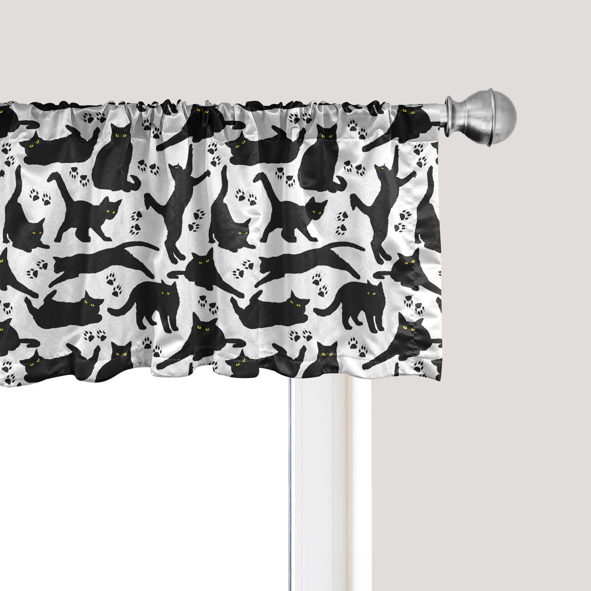 Black and White Cat Pattern Satin Rod Pocket Valance