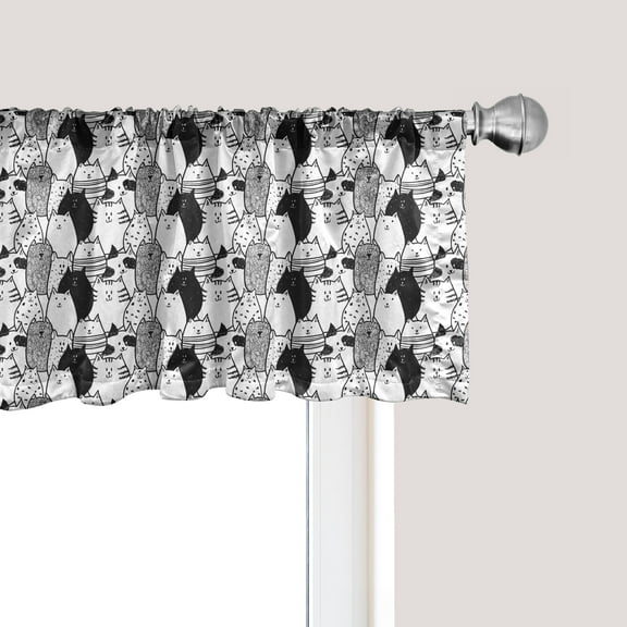 Ambesonne Cat Window Valance, Doodle Characters, 54" X 18", Black White