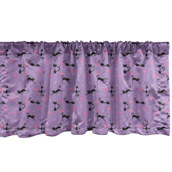Ambesonne Cat Window Valance, Funky Funny Romantic Hearts, 42" x 18", Lavender Pink Black