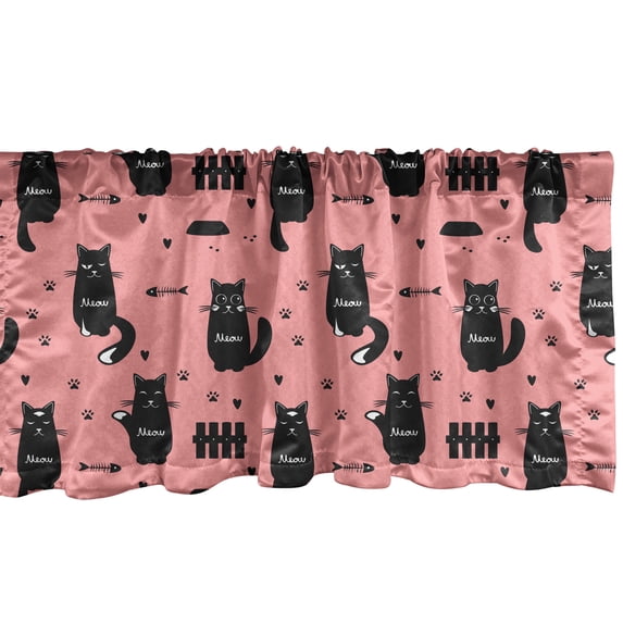 Ambesonne Cat Window Valance, Kitten Silhouette Fish Paws, 42" x 18", Pastel Pink and Charcoal Grey