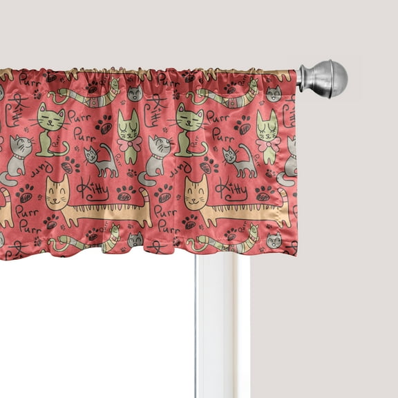 Ambesonne Cat Window Valance, Kitty Doodle Paws Bow Tie, 54" X 12", Multicolor