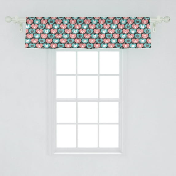Ambesonne Cat Window Valance, Cat Portrait and Paws in Heart Pets Love Animal Baby, Curtain Valance for Kitchen Bedroom Decor with Rod Pocket, 54" X 12", Sea Green Pale Pink