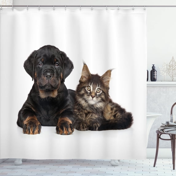 Ambesonne Cat and Dog Shower Curtain, Animal Photo Pup Kitty, 69"Wx84"L, Dark Brown and Dark Rosewood