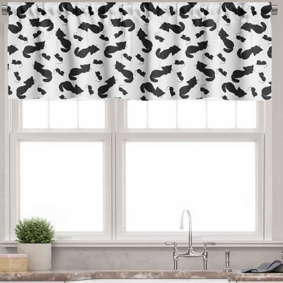 Ambesonne Cat and Mouse Valance Pack of 2, Animals on Plain Back, 54"X18", Charcoal Grey and White