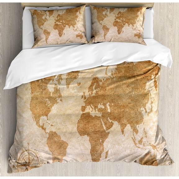Ambesonne Catography Duvet Cover Set, Old Weathered World Map, King, Pale Caramel and Tan