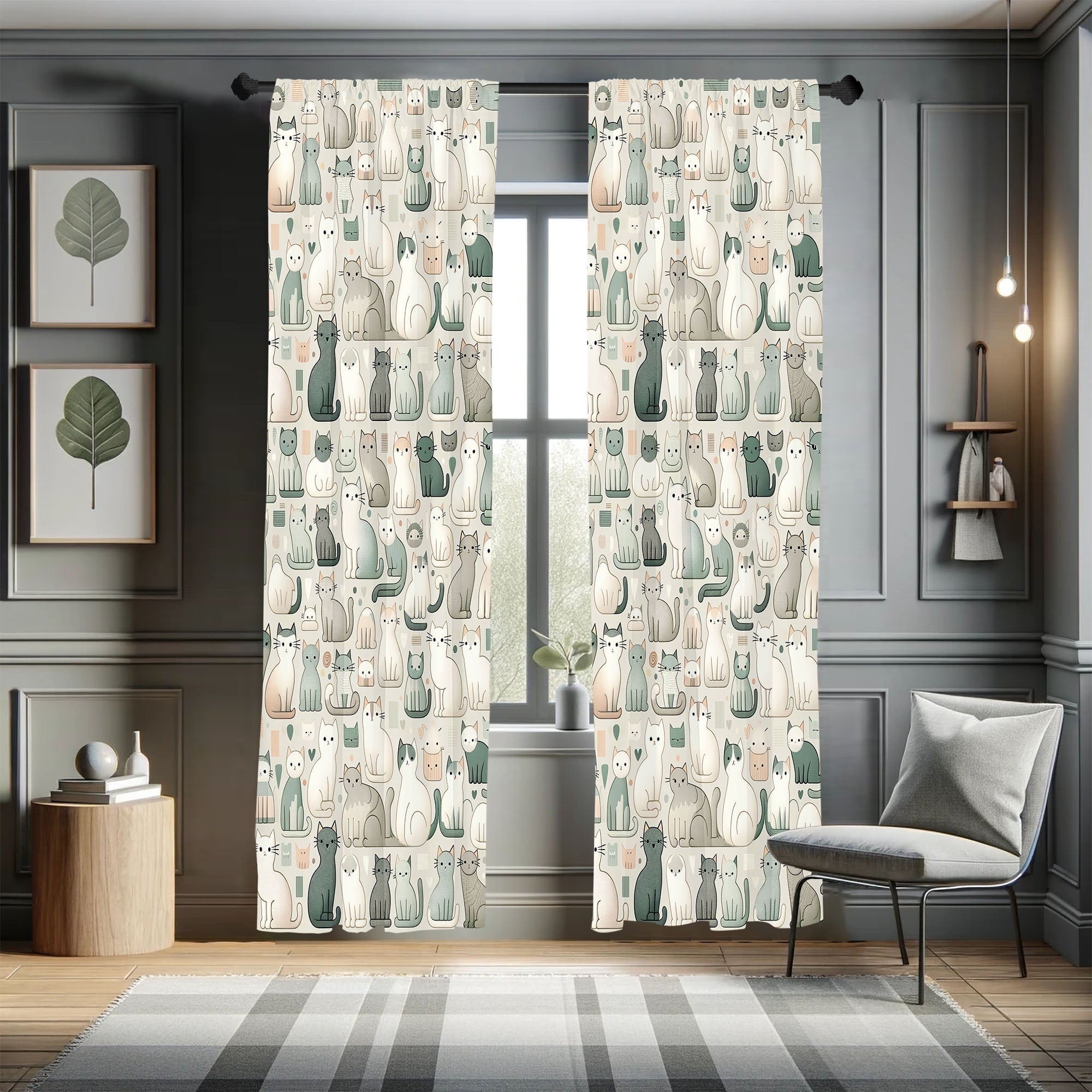 Cartoon Kitten World Blue Microfiber Room-Darkening Curtain Panels