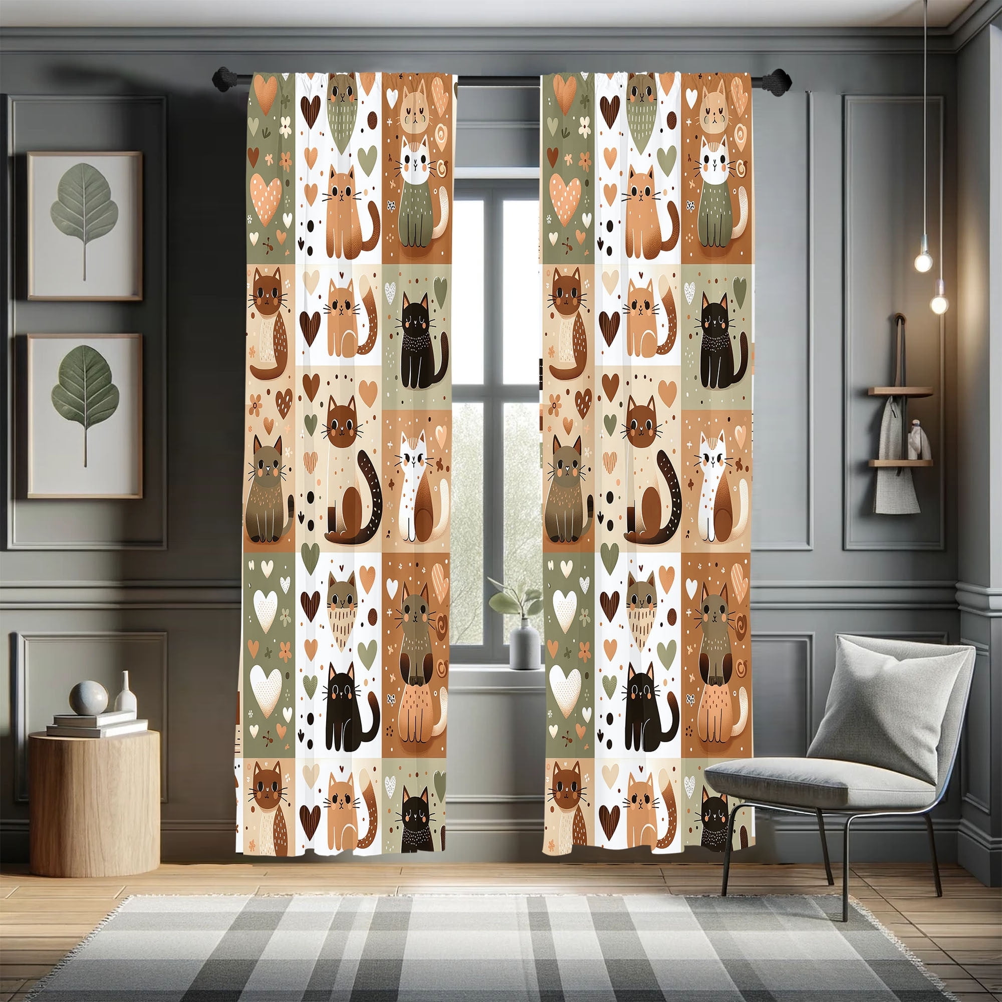 Playful Cats Blue and Green Microfiber Room-Darkening Curtain Panels