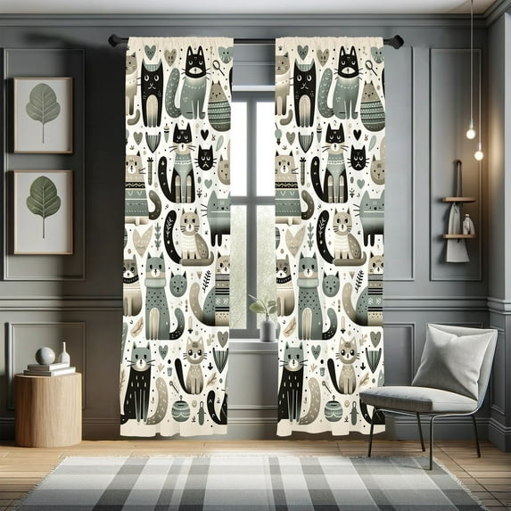 Ambesonne Cats Curtains 2 Panel Set, Modern Scandi Kitten Pattern, Pair of - 28" x 63", Pale Teal Pale Khaki Grey