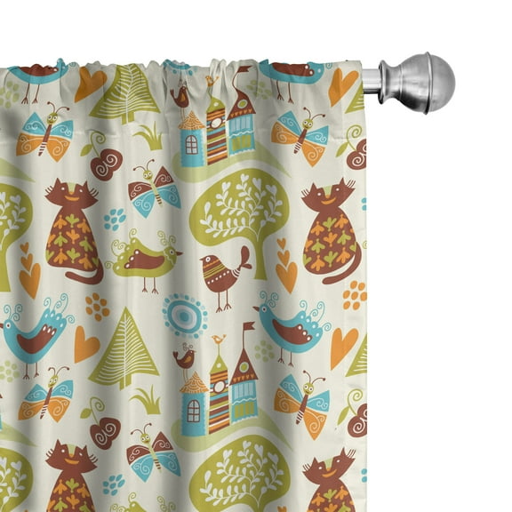 Ambesonne Cats Curtains, Cats Birds Butterfly, Pair of 28"x84", Green Brown Pale Blue