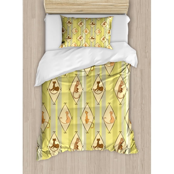 Ambesonne Cats Duvet Cover Set, Cat Motifs in Rhombus Elements, Twin, Mustard Avocado Green