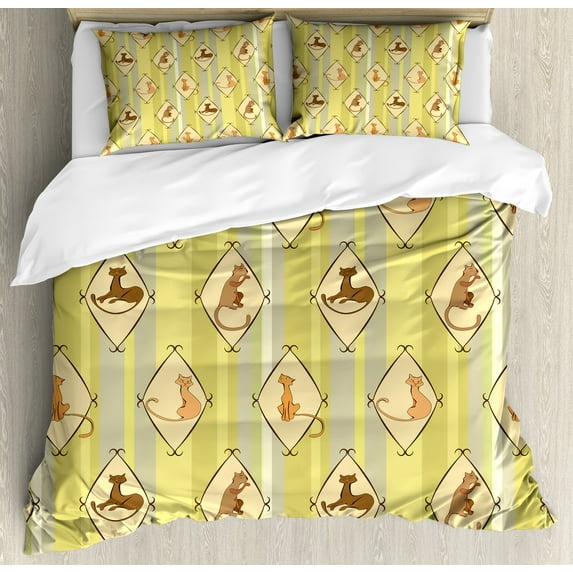 Ambesonne Cats Duvet Cover Sets, Cat Motifs in Rhombus Elements, 2-Queen, Mustard Avocado Green