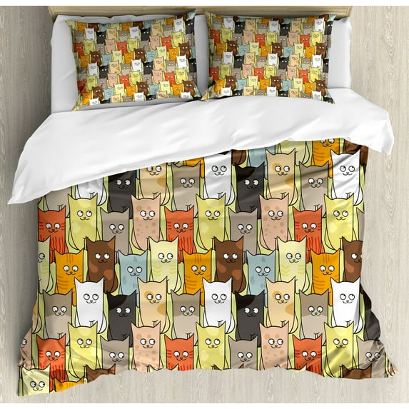 Ambesonne Cats Duvet Cover Sets, Funny Colored Cartoon, 2-King, Multicolor