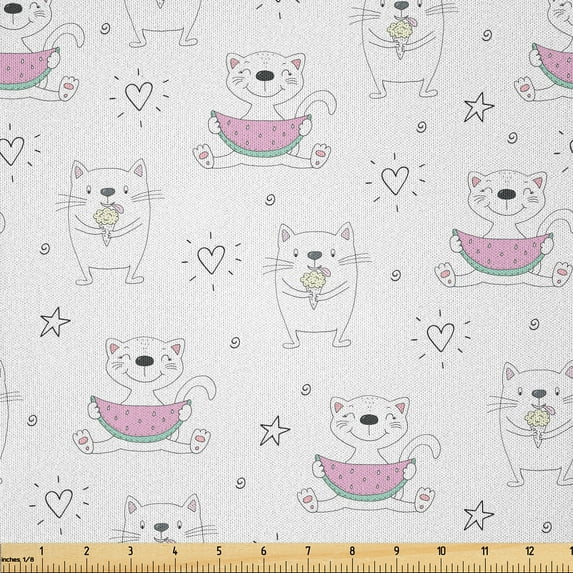 Ambesonne Cats Fabric by the Yard Microfiber, Doodle Kittens and Watermelon, 10 Yards, Pale Pink Mint Green