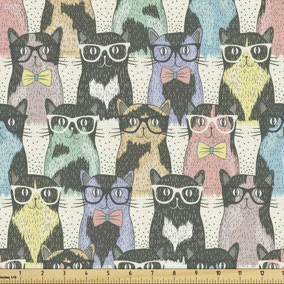Ambesonne Cats Fabric by the Yard Upholstery, Hipster Playful Glass, 1 Yard, Multicolor