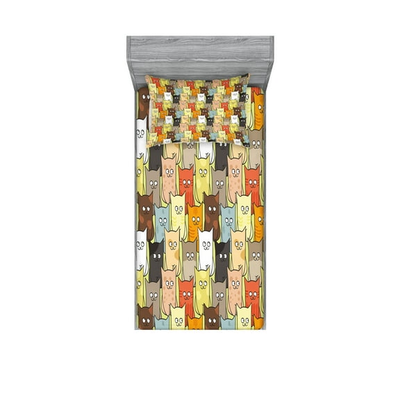 Ambesonne Cats Fitted Sheet & Pillow Sham Set, Funny Colored Cartoon, Twinxl, Multicolor