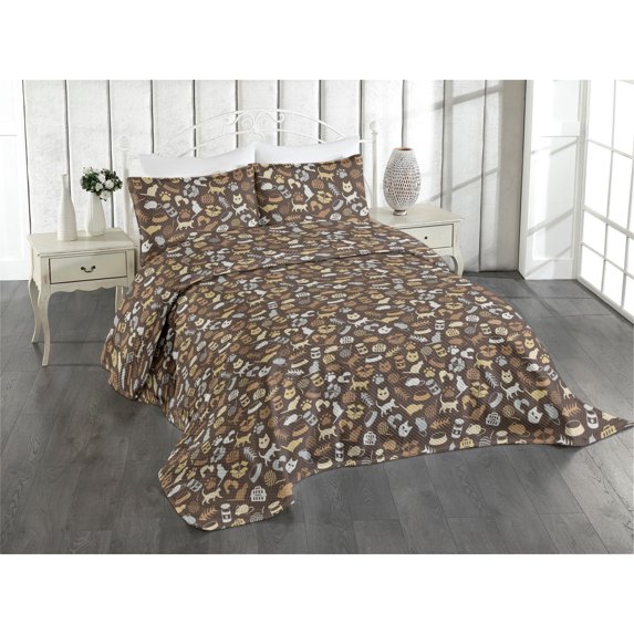 Ambesonne Cats Funny Quilted Coverlet 2 Pcs, Simple Modern Kitten Paw, Twin Size, Pale Camel and Pale Caramel