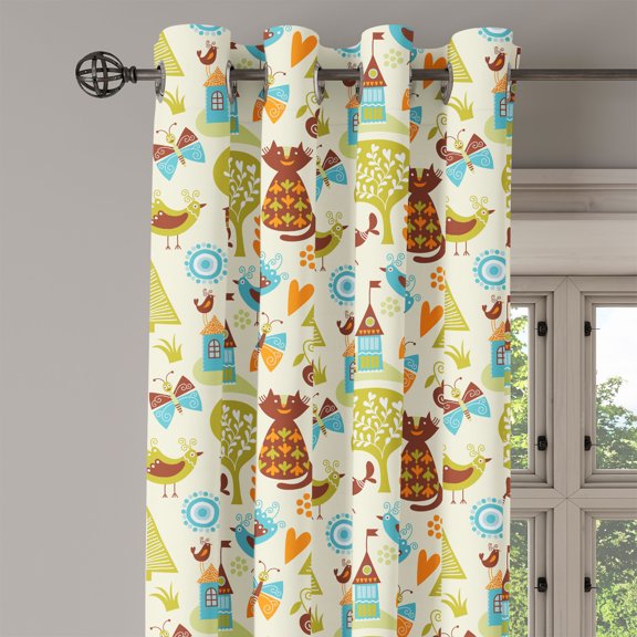 Ambesonne Cats Grommet Curtain Single Panel, Cats Birds Butterfly, 50"x60", Green Brown Pale Blue