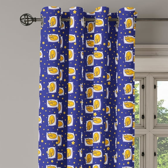 Ambesonne Cats Grommet Curtain Single Panel, Sleeping Kittens Nighttime, 50"x60", Earth Yellow Royal Blue