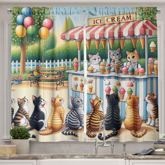 Ambesonne Cats Kitchen Curtains, Delicate Kittens and Ice Cream, 55"x30", Multicolor Orange Green
