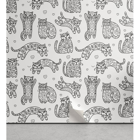 Ambesonne Cats Peel & Stick Wallpaper for Home, Ornamental Kittens Art, 13"x72", Black White