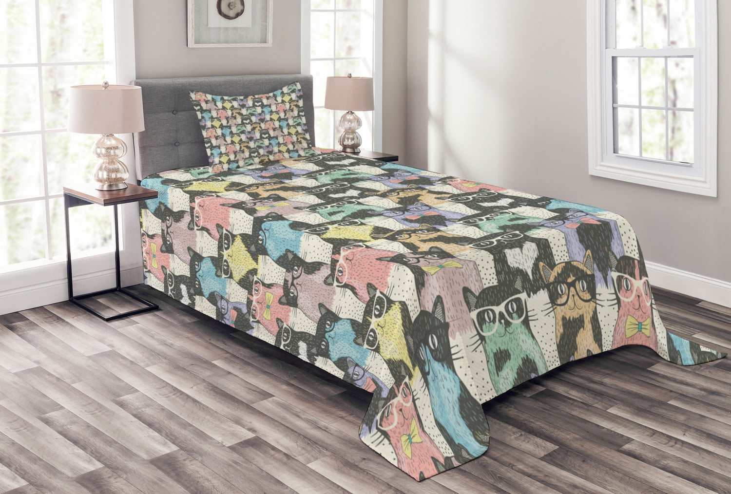 Hipster Cats Multicolor Twin Polyester Bedspread Set