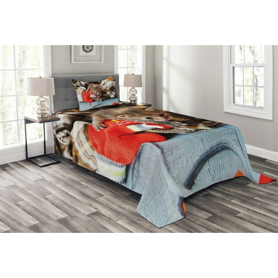 Ambesonne Cats Quilted Bedspread Set 2 Pcs, Kittens Mittens, Twin Size, Multicolor