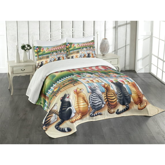 Ambesonne Cats Quilted Bedspread Set 3 Pcs, Delicate Kittens and Ice Cream, Queen Size, Multicolor Orange Green