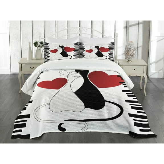 Ambesonne Cats Quilted Bedspread Set 3 Pcs, Romantic Couple Pet Kitten, Queen Size, White Black Red