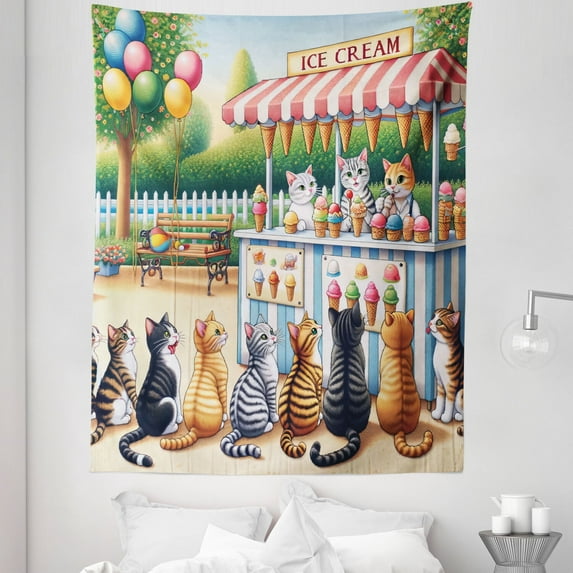 Ambesonne Cats Tapestry Twin Size, Delicate Kittens and Ice Cream, 68"x88", Multicolor Orange Green