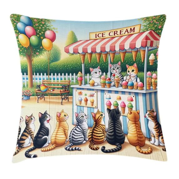Ambesonne Cats Throw Pillow Cushion Cover, Delicate Kittens and Ice Cream, 16" X 16", Multicolor Orange Green