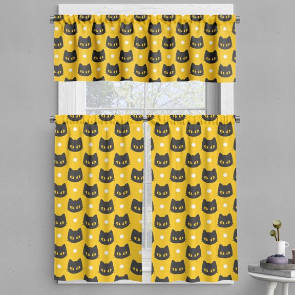 Ambesonne Cats Valance & Curtain, Funny Dark Kittens and Dots, 55"x30", Dark Grey Orange White