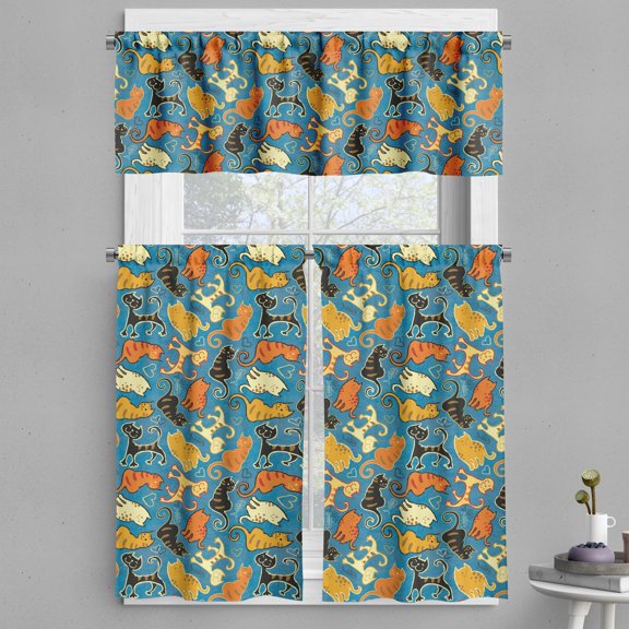 Ambesonne Cats Valance & Curtain, Happy Smiling Kittens Sketch, 55"x30", Sea Blue Orange Cream