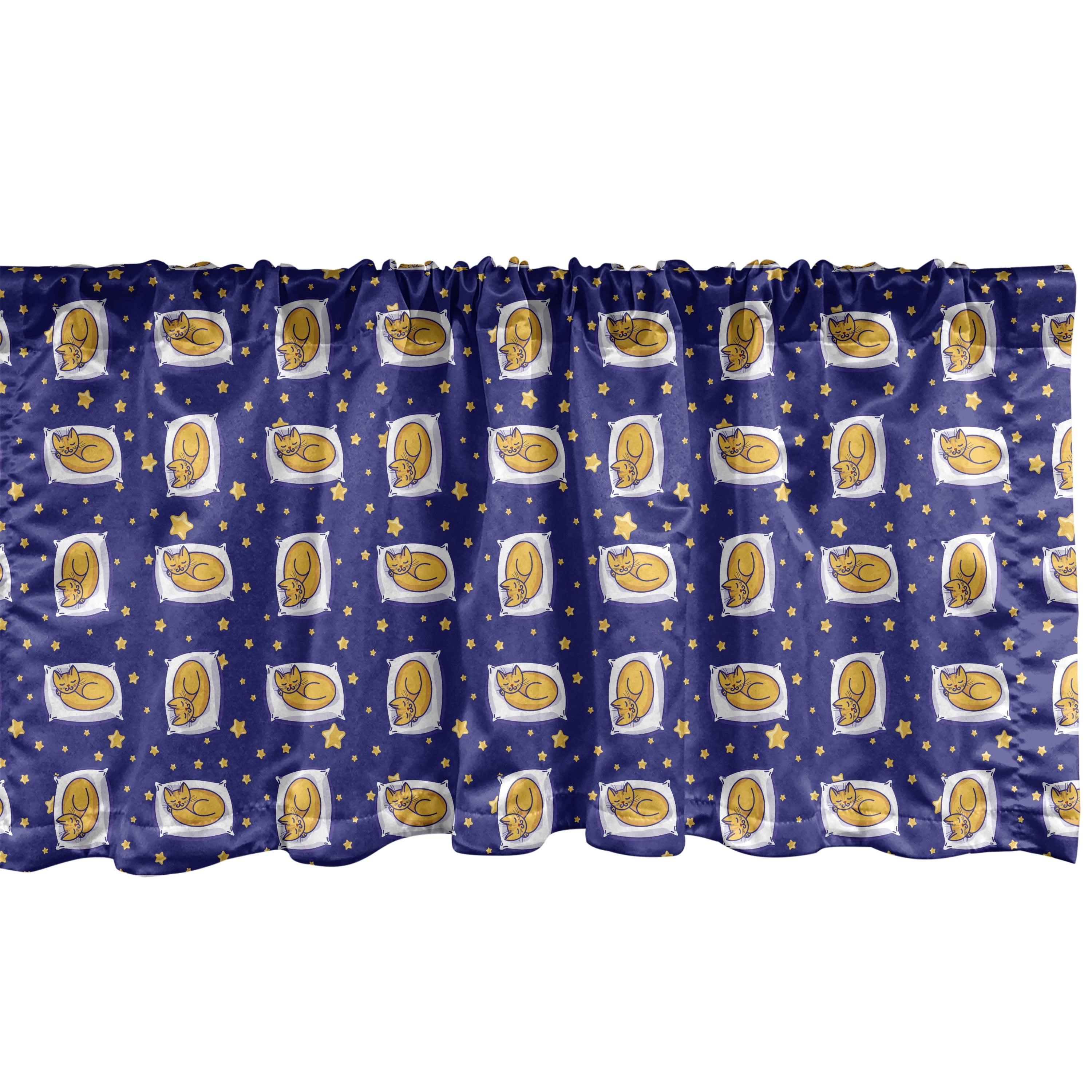 54" Blue and Yellow Cat Print Satin Rod Pocket Valance