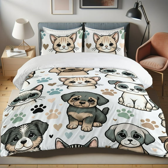 Ambesonne Cats and Dogs Duvet Cover Set, Cartoon Puppy Kitten, Queen, Off White Pale Camel