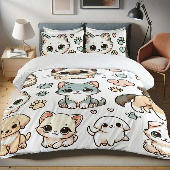 Ambesonne Cats and Dogs Duvet Cover Set, Delicate Kitten Puppy, Twin, Off White Multicolor Pink