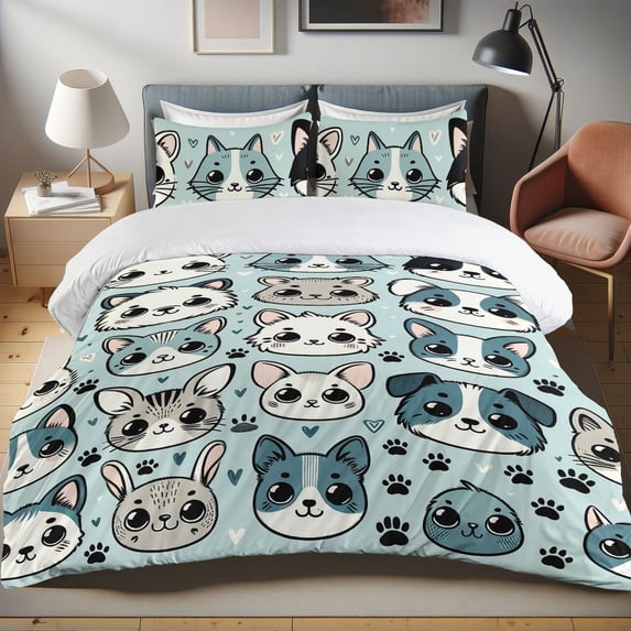 Ambesonne Cats and Dogs Duvet Cover Set, Innocent Kittens Dogs, Calking, Pale Seafoam Off White