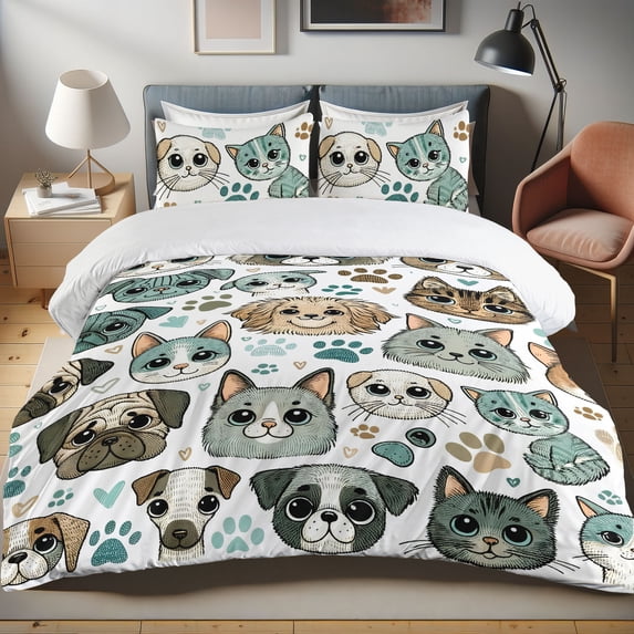 Ambesonne Cats and Dogs Duvet Cover Set, Kittens Pugs Bulldogs, Twin, Teal Cadet Blue Off White