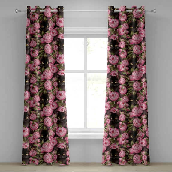 Ambesonne Cats and Flowers Grommet Curtain, Kitten and Bloom, 50"x96", Pastel Pink Peacock Green