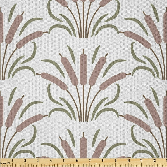 Ambesonne Cattail Fabric by the Yard Microfiber, Neutral Pale Tone Bulrush, 2 Yards, Warm Taupe and Sage Green