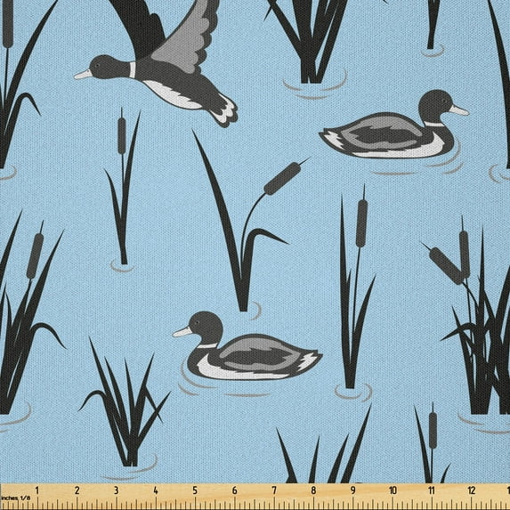 Ambesonne Cattail Fabric by the Yard Microfiber, Reeds and Ducks Print Art, 1 Yard, Pale Sky Blue Grey