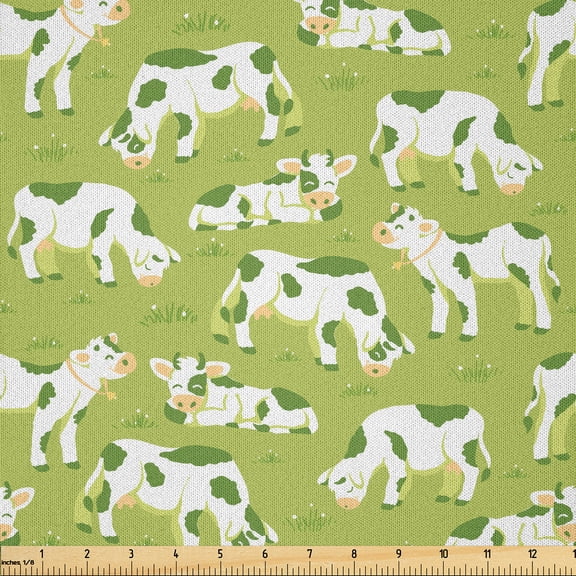 Ambesonne Cattle Fabric by the Yard Microfiber, Bovines on Green Meadow, 1 Yard, Apple Green Pale Orange