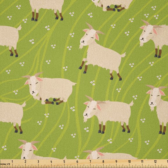 Ambesonne Cattle Fabric by the Yard Microfiber, Goats on Green Field, 10 Yards, Apple Green Beige