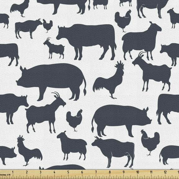 Ambesonne Cattle Fabric by the Yard Upholstery, Silhouette Farm Animals, 5 Yards, White and Dark Blue Grey