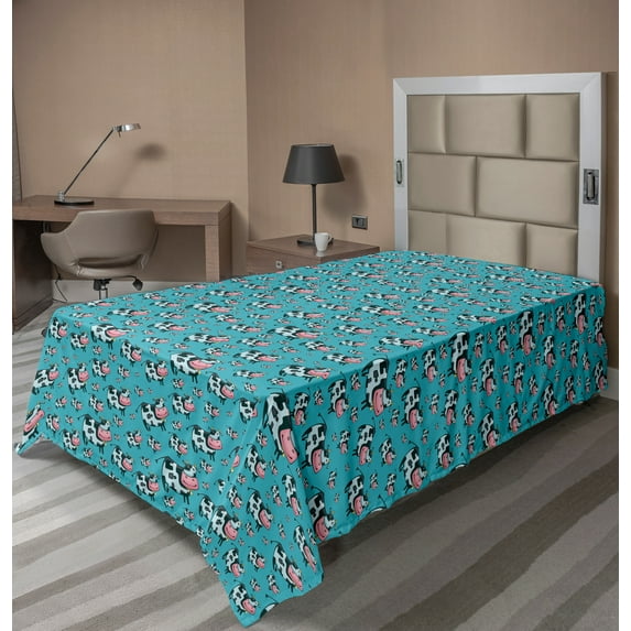 Ambesonne Cattle Flat Sheet, Doodle Cows Bells, TwinXL Size, Multicolor
