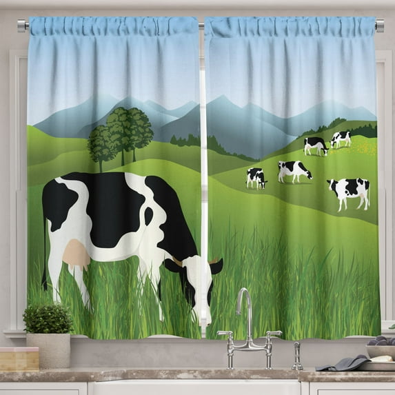 Ambesonne Cattle Kitchen Curtains, Agriculture Landscape, 55"x39", Multicolor