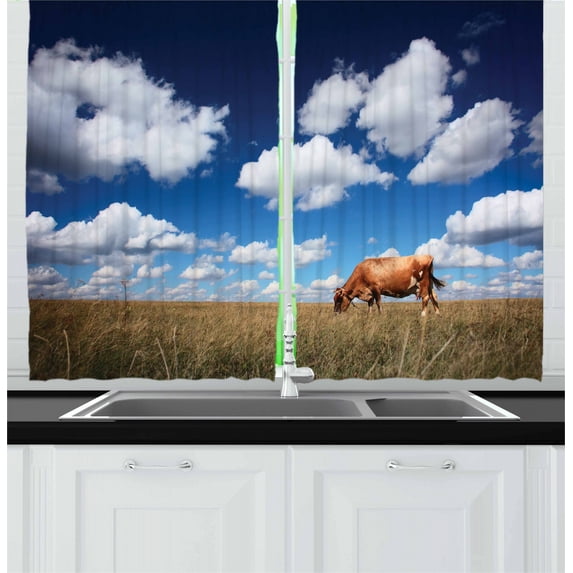 Ambesonne Cattle Kitchen Curtains, Cow Meadow Sky Clouds, 55"x39", Multicolor