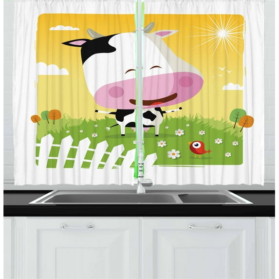 Ambesonne Cattle Kitchen Curtains, Happy Cartoon Cow Ranch, 55"x39", Multicolor
